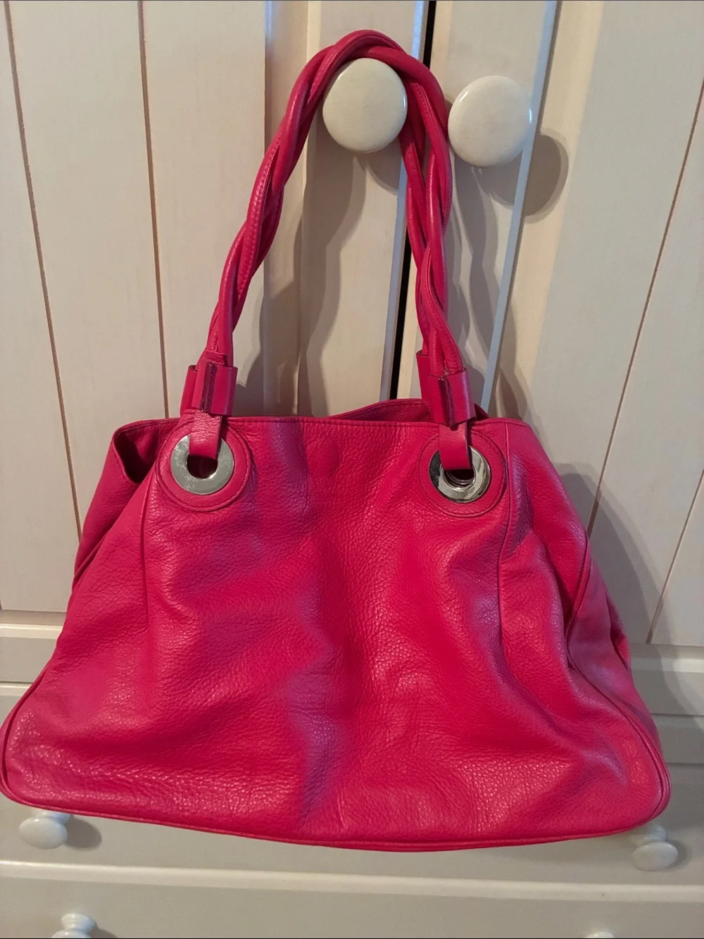 Vibrant Pink Leather Shoulder Bag with Braided Handles